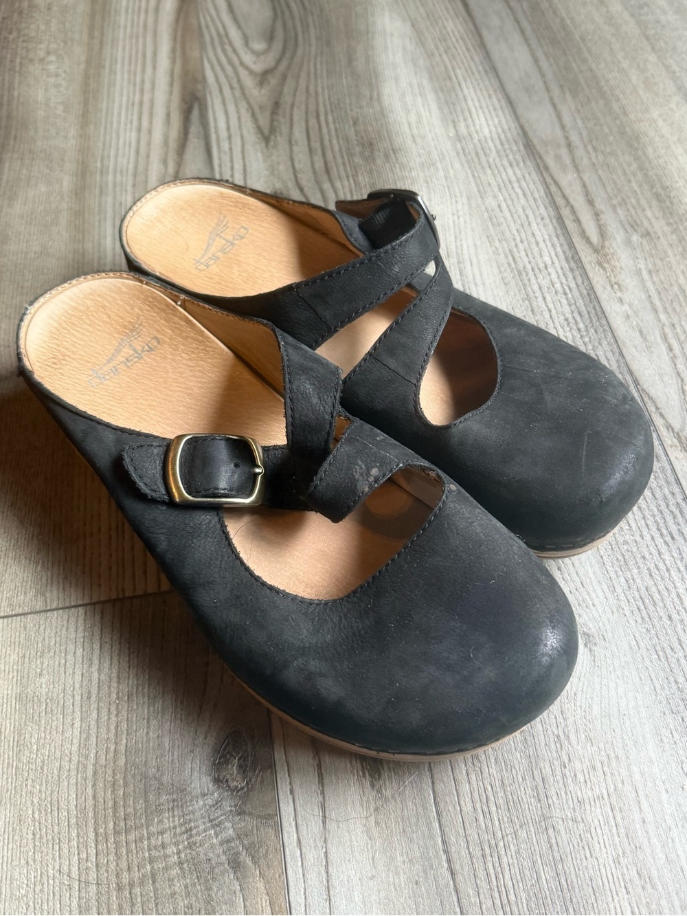Dansko Black Leather Mary Jane Clogs with Buckle